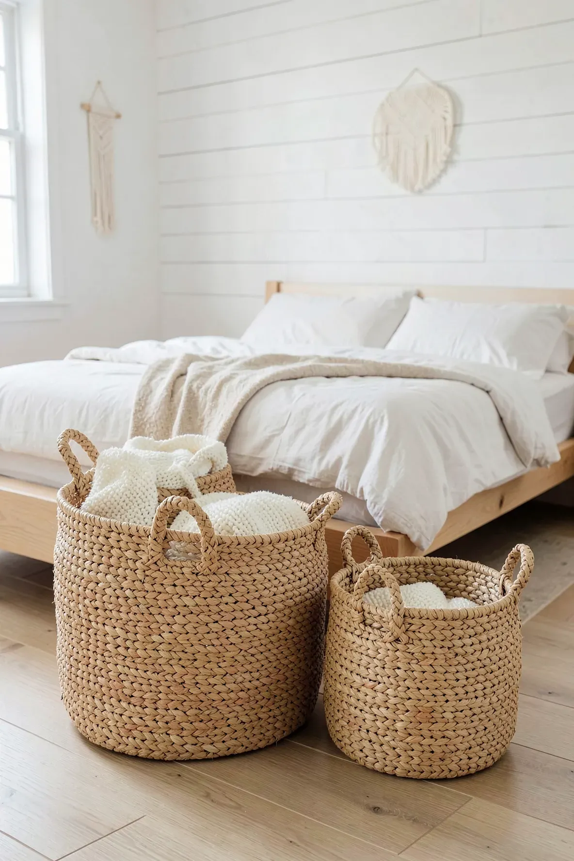 Three woven seagrass baskets of different sizes in a bright, airy coastal boho bedroom.
