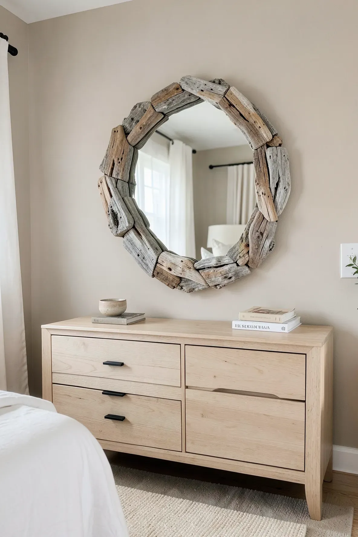A round mirror framed in weathered driftwood hanging above a light wood dresser in a beachy room.