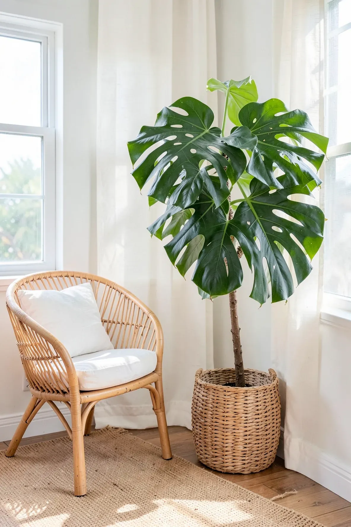 A large green Monstera plant in a wicker pot sitting in a sunlit corner of a boho bedroom.