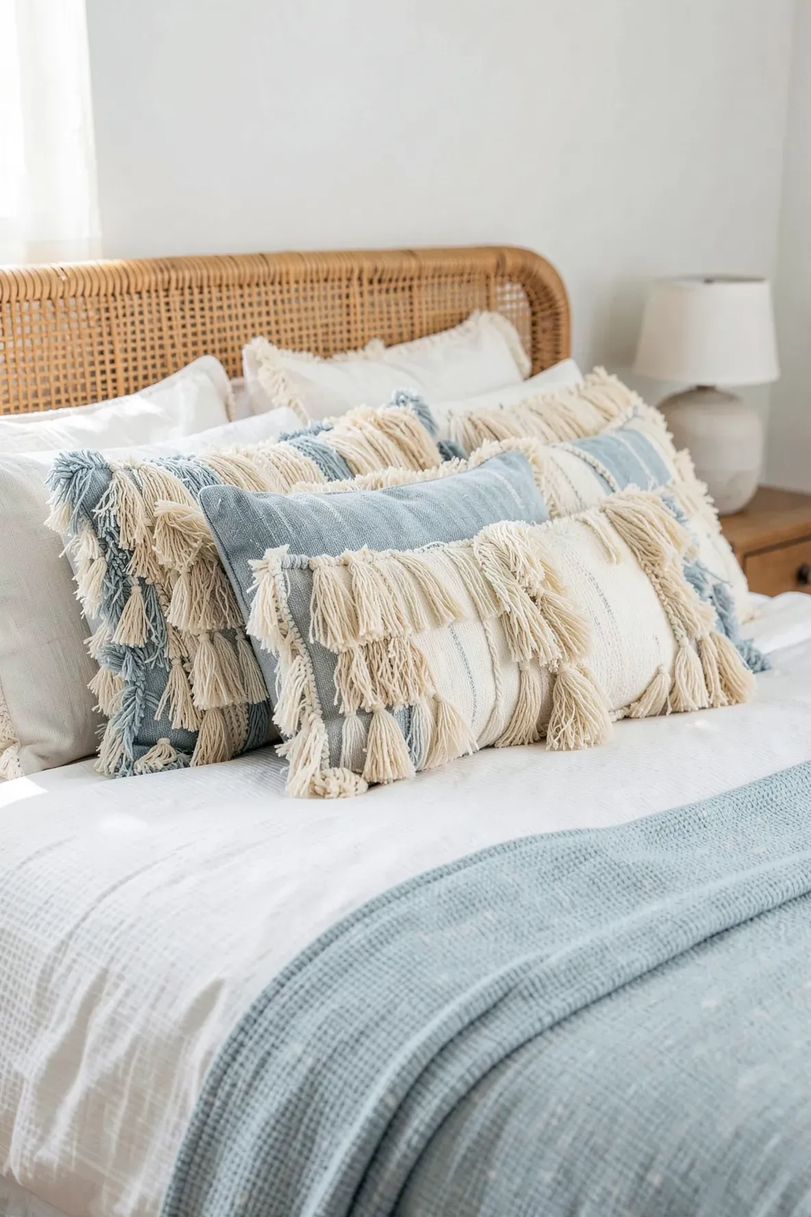 Layered throw pillows with fringe and tassels on a white linen bed in a coastal bedroom.