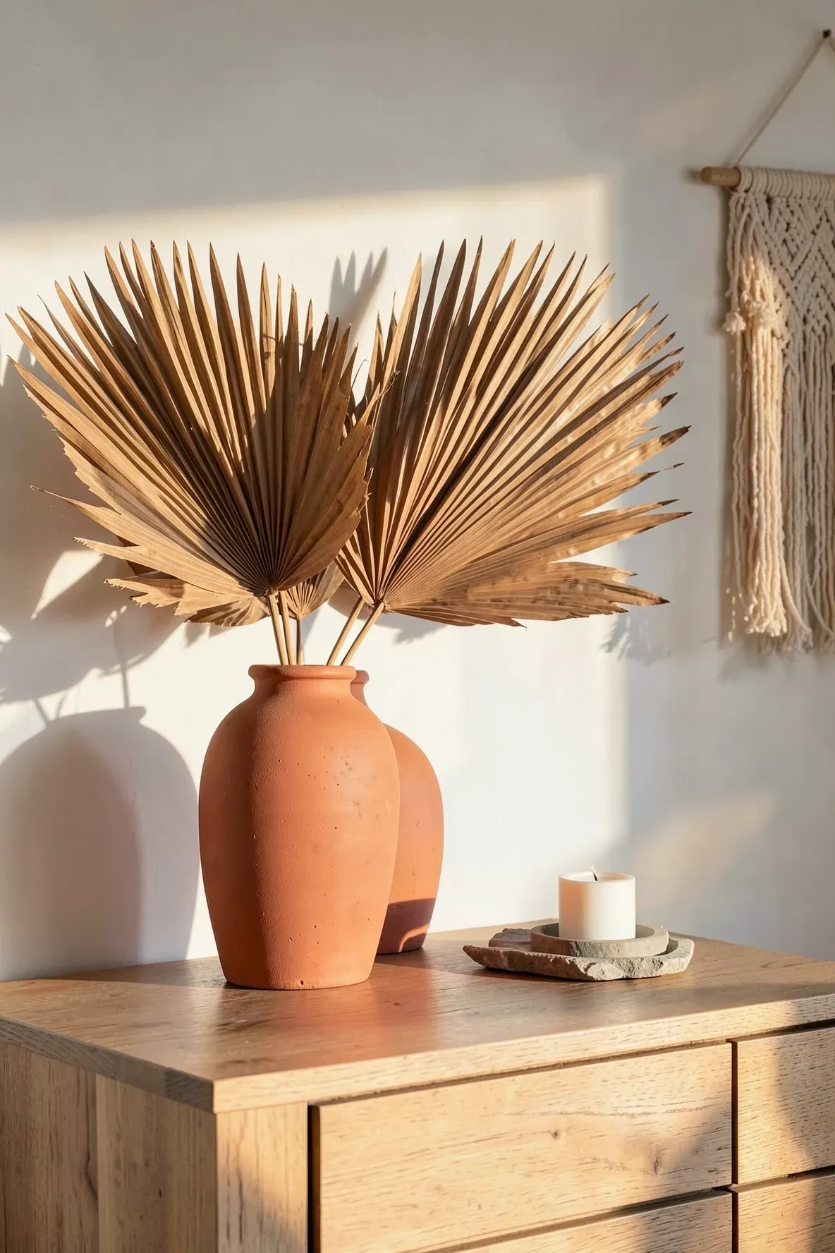 Terracotta vases with dried palm fronds on a wooden dresser in a warm, boho beach bedroom.