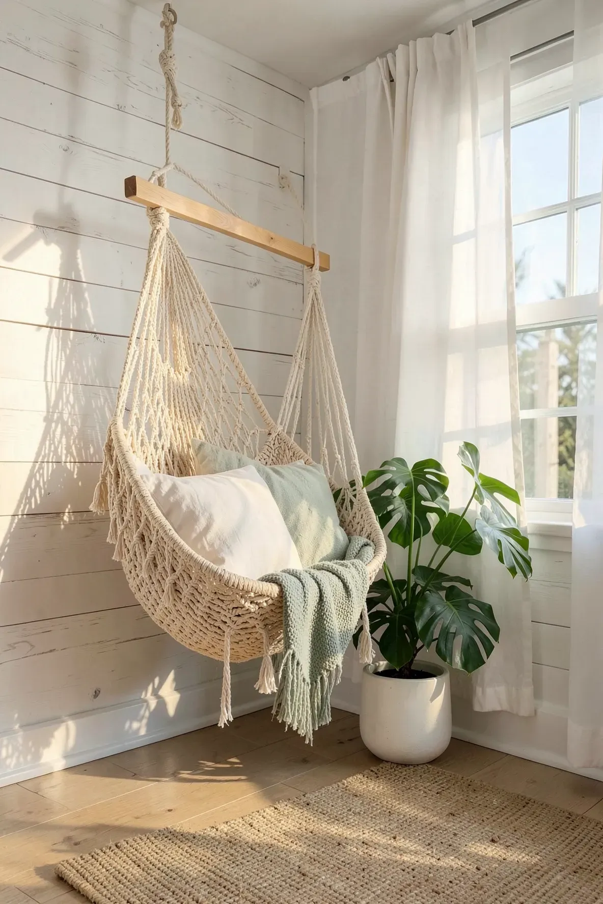 A cream macrame hammock chair hanging in a sunlit boho bedroom corner with a potted plant.