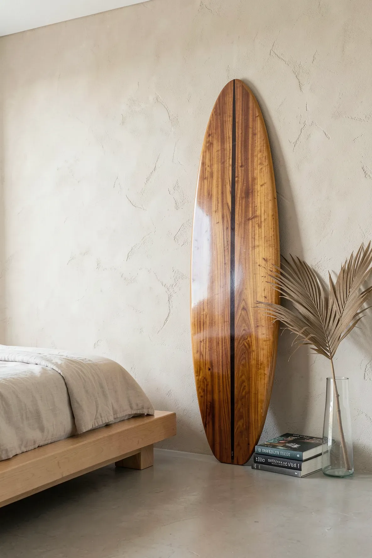 A vintage wooden surfboard leaning against a sand-colored wall in a bright coastal bedroom.