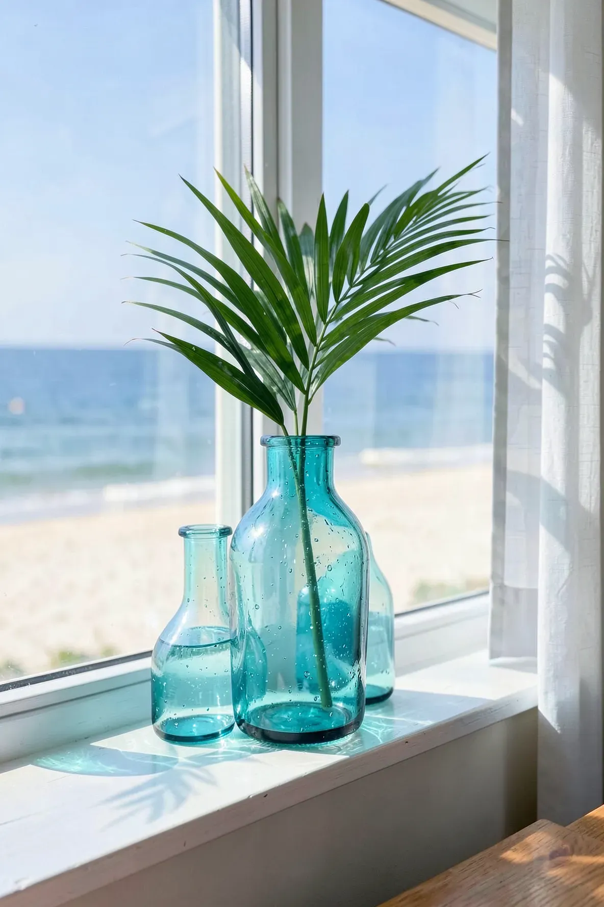 Three turquoise glass vases of different sizes on a white windowsill with a beach view.