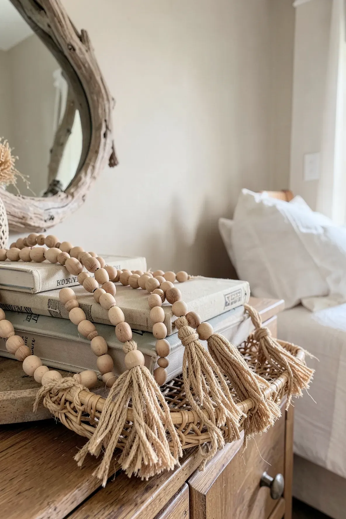 Natural wooden beads with jute tassels draped over a stack of books in a boho bedroom.