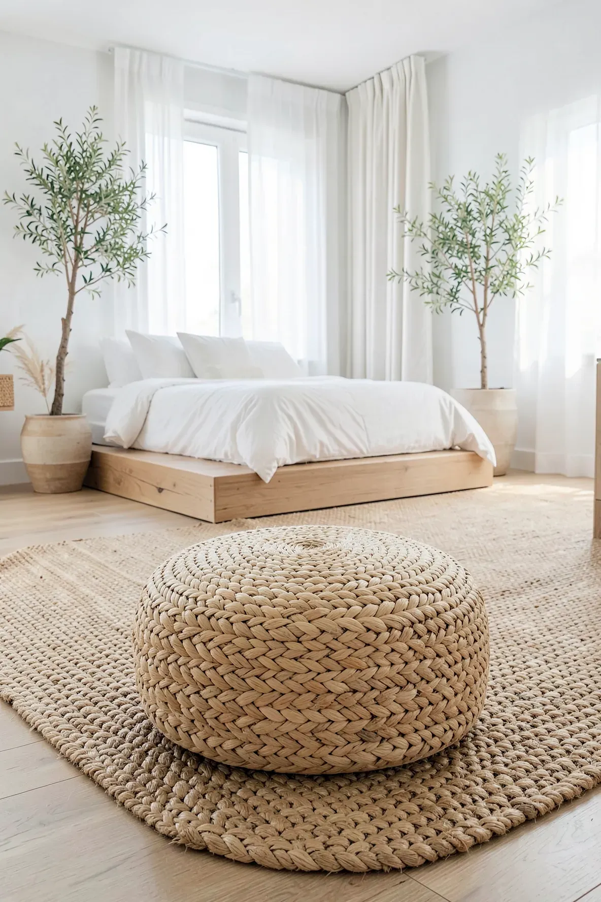 A braided straw floor pouf sitting on a jute rug in a bright, airy beach-themed bedroom.
