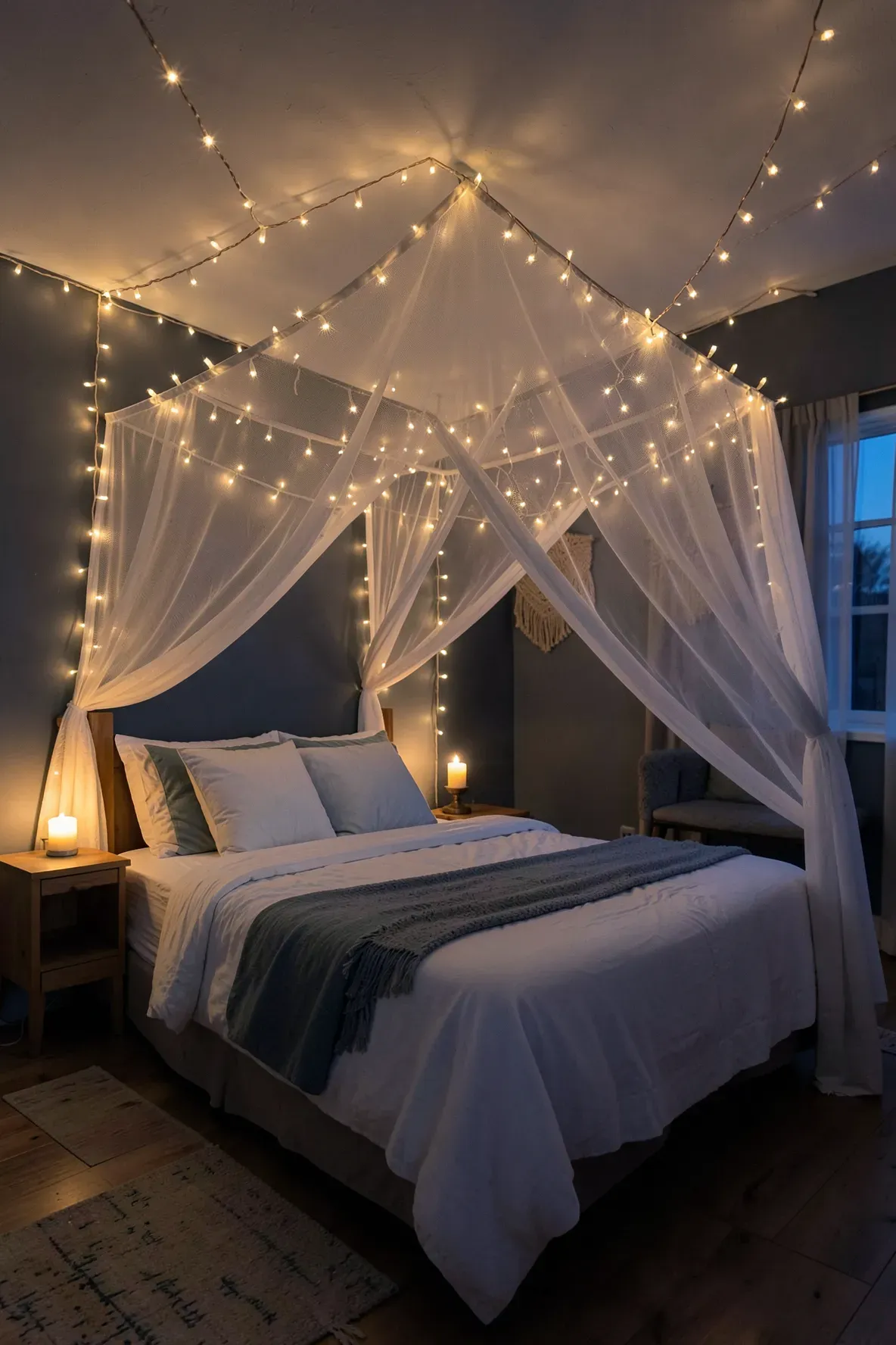 Warm fairy lights draped over a canopy bed in a cozy beach-themed bedroom at night.