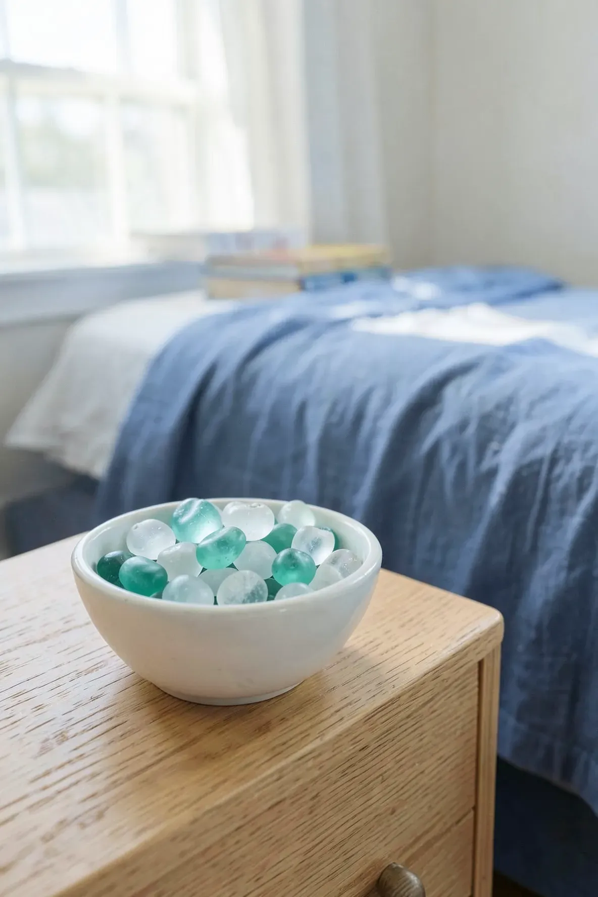 A white ceramic bowl filled with frosted blue and green sea glass on a wooden nightstand.