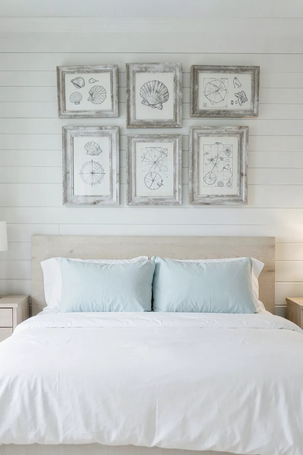 A gallery wall of gray weathered wood frames hanging above a white bed in a beach-themed room.