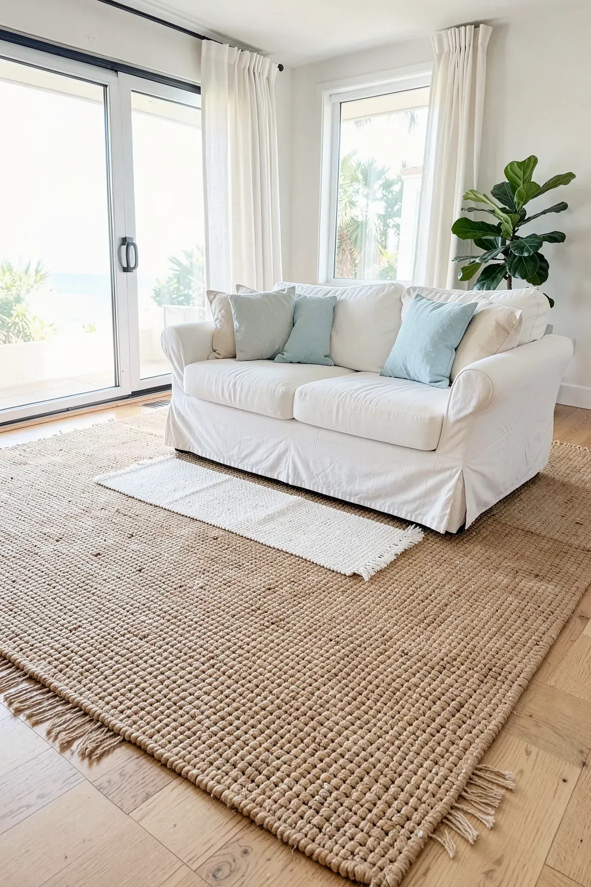 A large braided jute rug on a light wood floor in a bright, coastal-style living room.