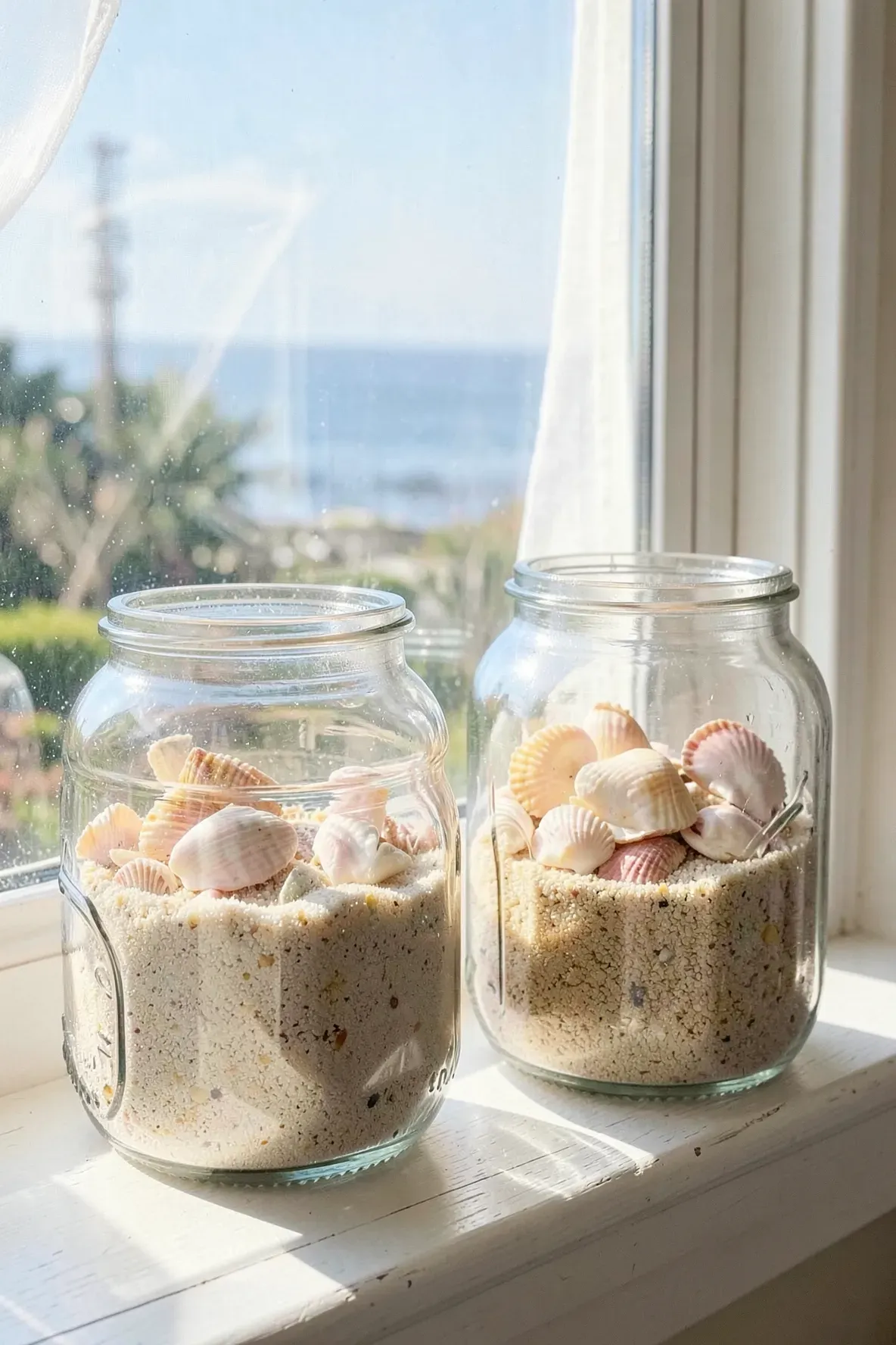 Glass jars filled with sand and seashells sitting on a sunny white windowsill.