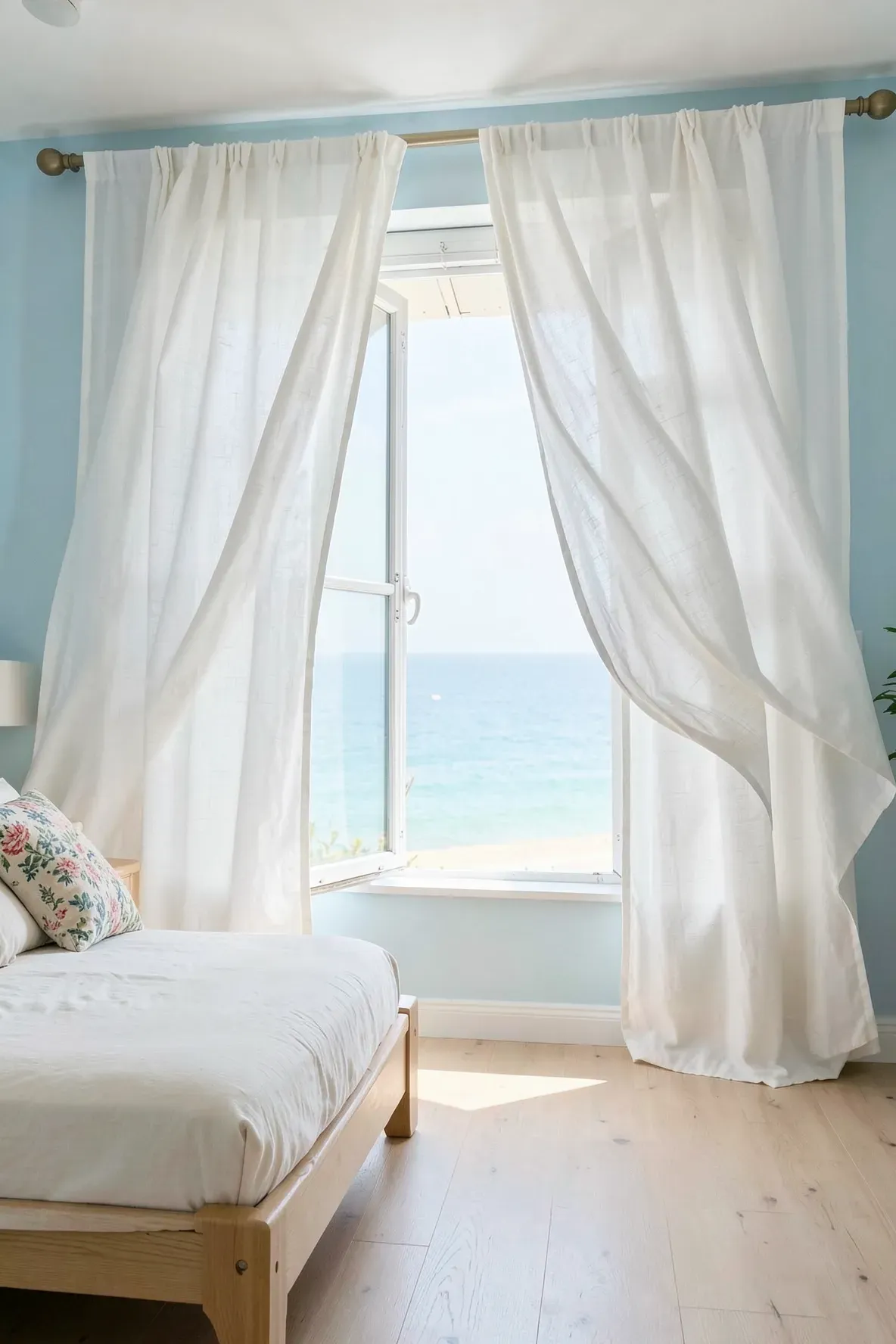 Sheer white linen curtains blowing in the breeze of an open window overlooking the ocean.