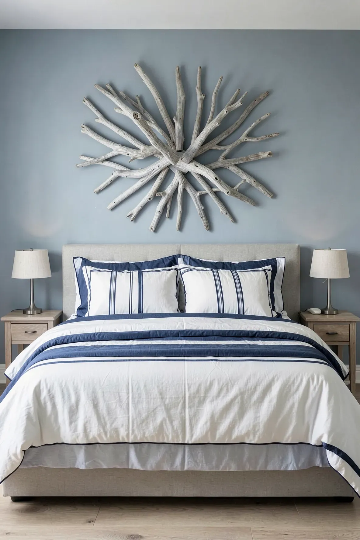A large sunburst-style driftwood art piece hanging on a soft blue wall above a bed.