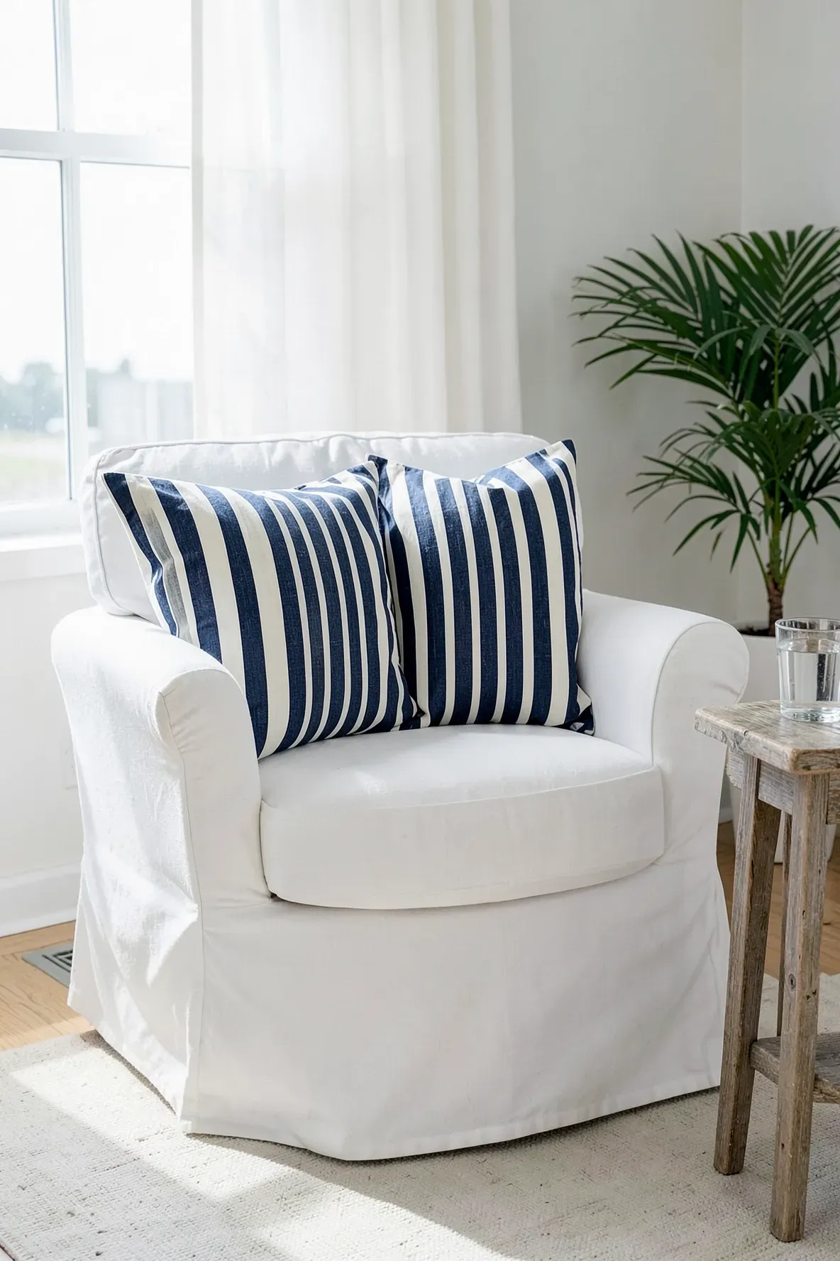 Navy and white striped pillows on a white armchair in a bright coastal room.