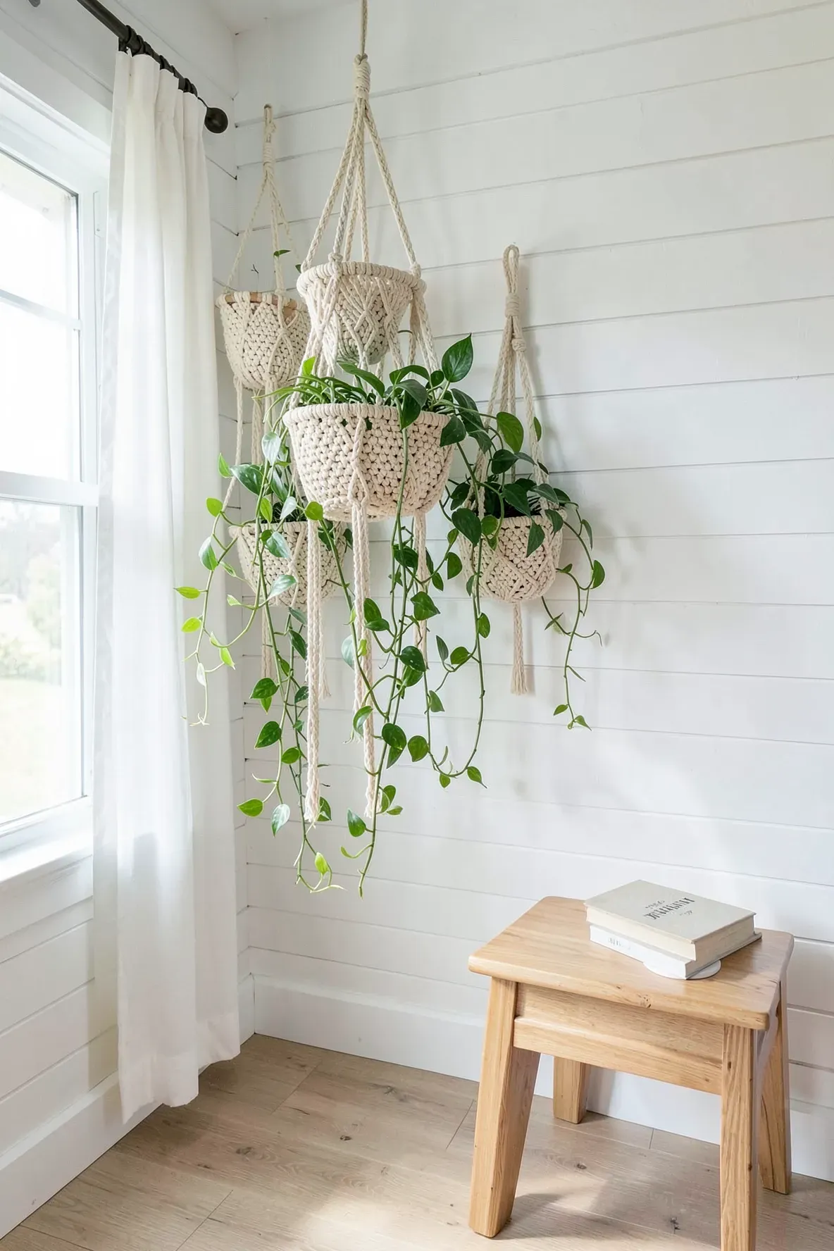 Three macrame plant hangers with green trailing plants hanging in a bright coastal room corner.