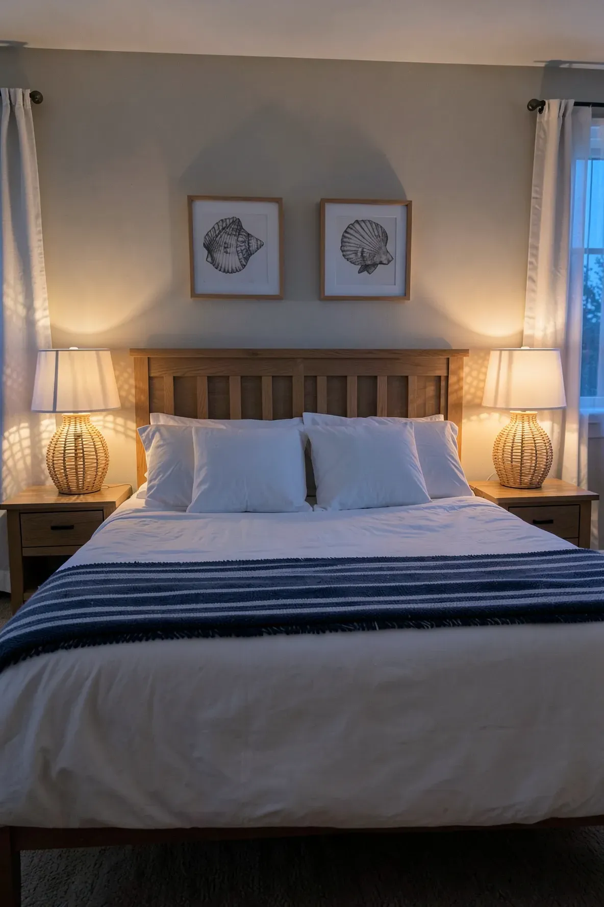 Two wicker lamps on nightstands flanking a bed in a cozy beach-themed bedroom.