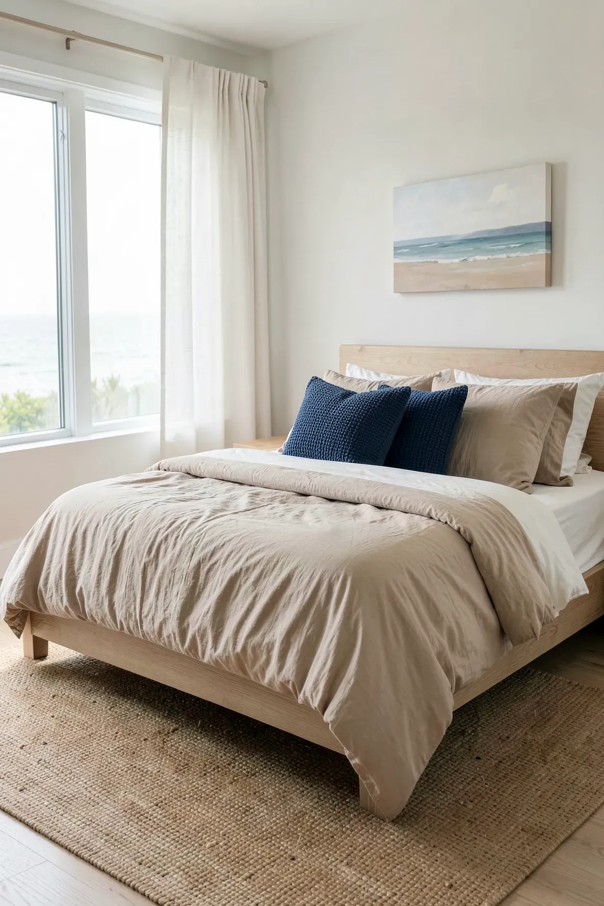 A bed with neutral beige cotton bedding in a bright, airy coastal bedroom.