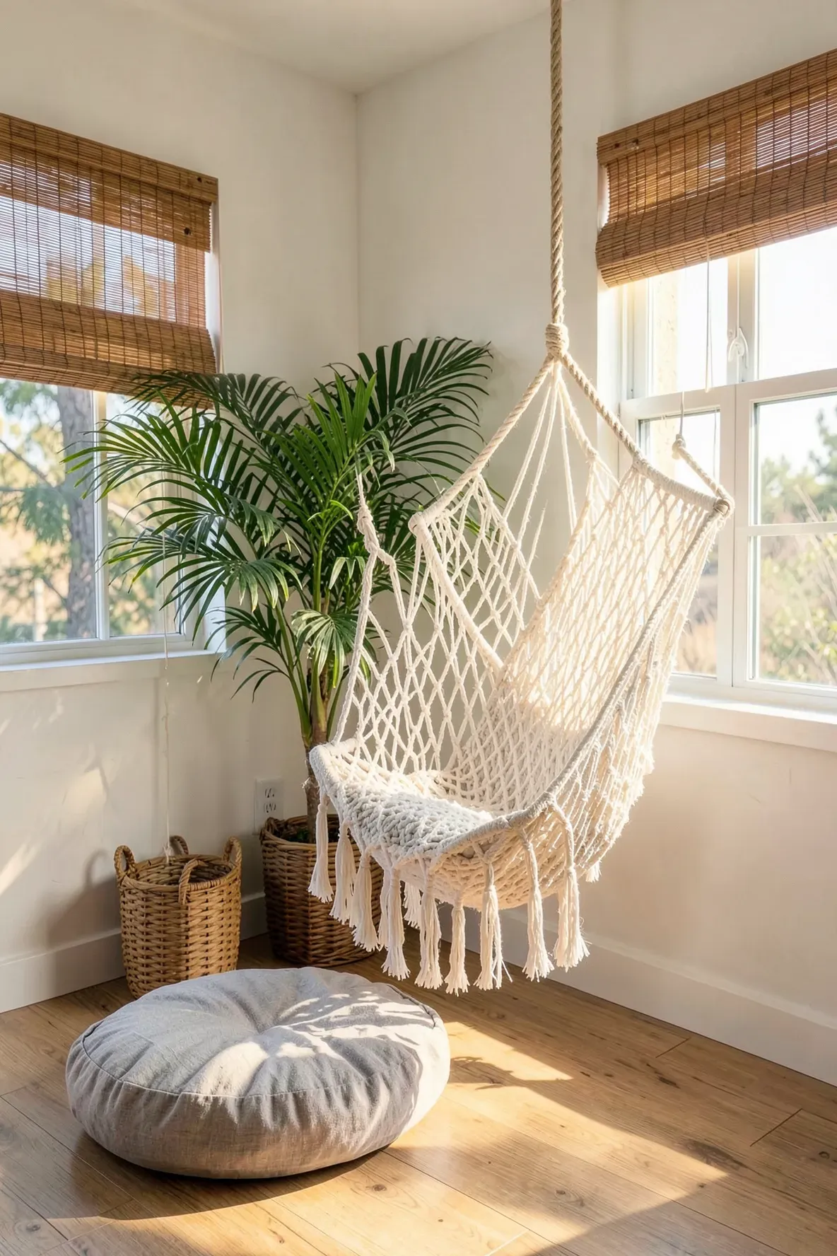 A white macrame hammock chair hanging in the corner of a bright beach-themed room.