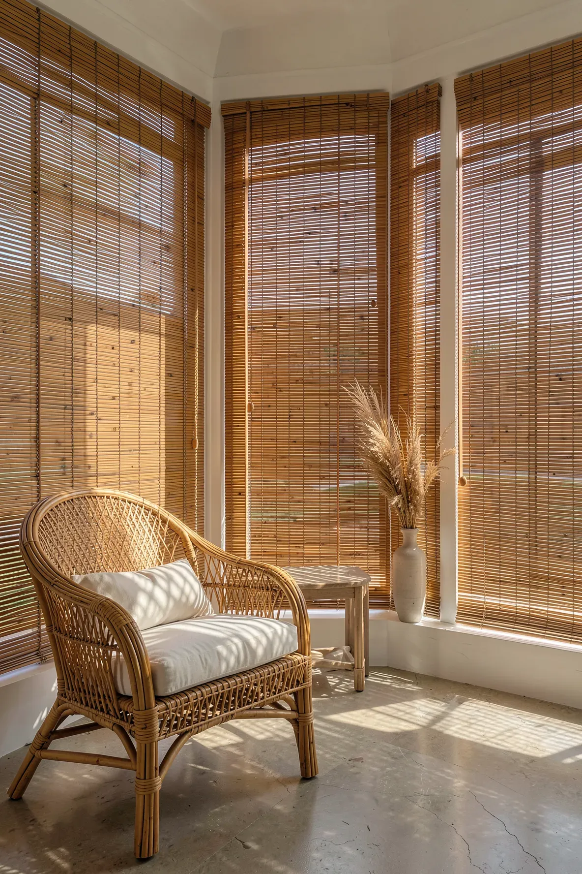 Natural bamboo blinds on large windows in a bright coastal room with a rattan chair.