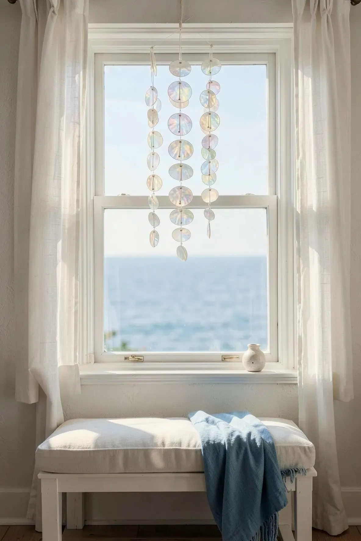 Translucent capiz shell wind chimes hanging in a sunny window with an ocean view.