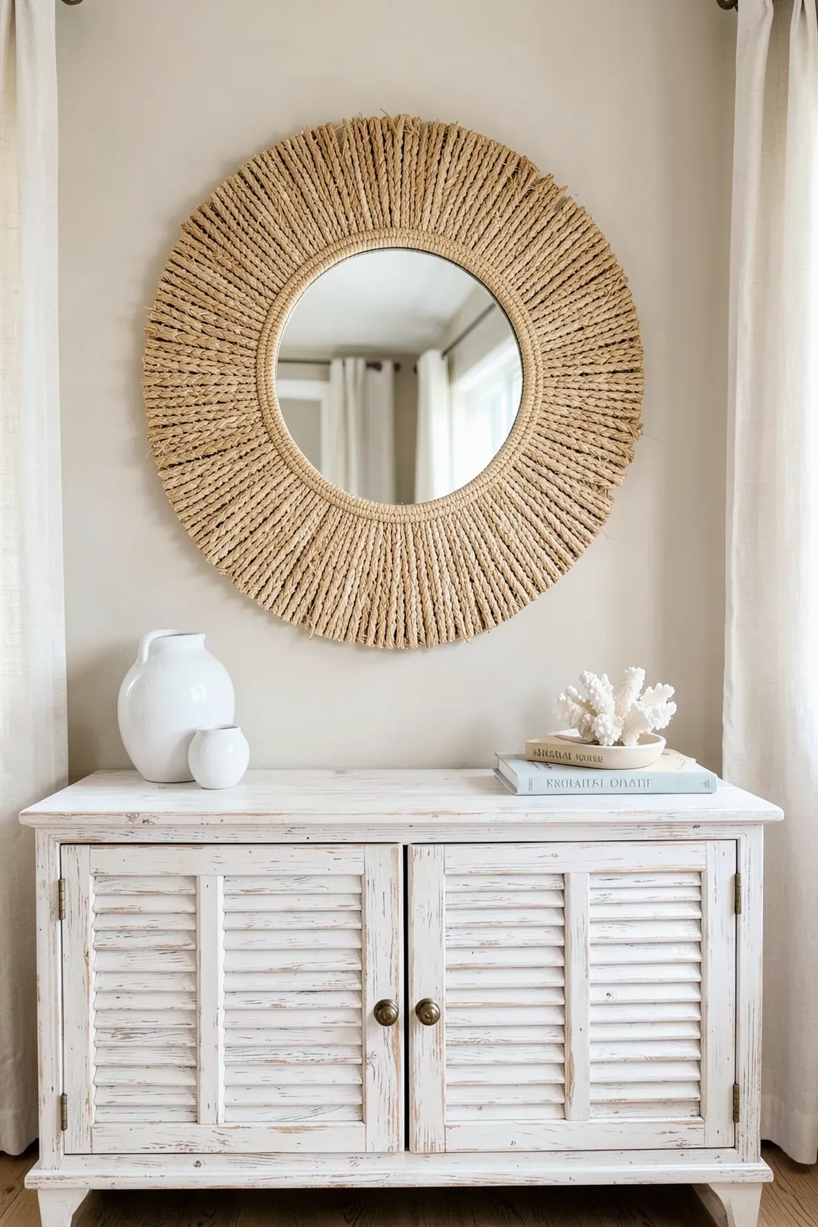 A round straw sunburst mirror hanging above a white washed sideboard in a coastal room.