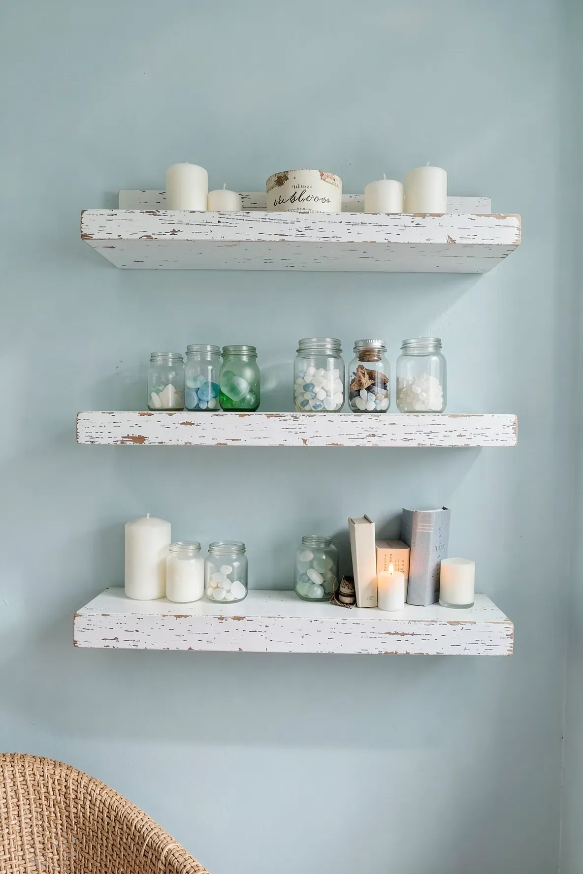 Distressed white floating shelves holding sea glass and candles on a pale blue wall.