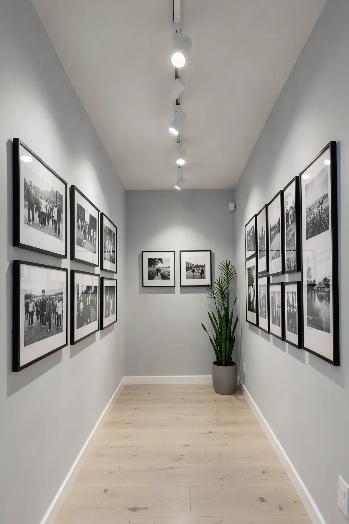 Adjustable track lighting illuminating a gallery wall of photos in a hallway.