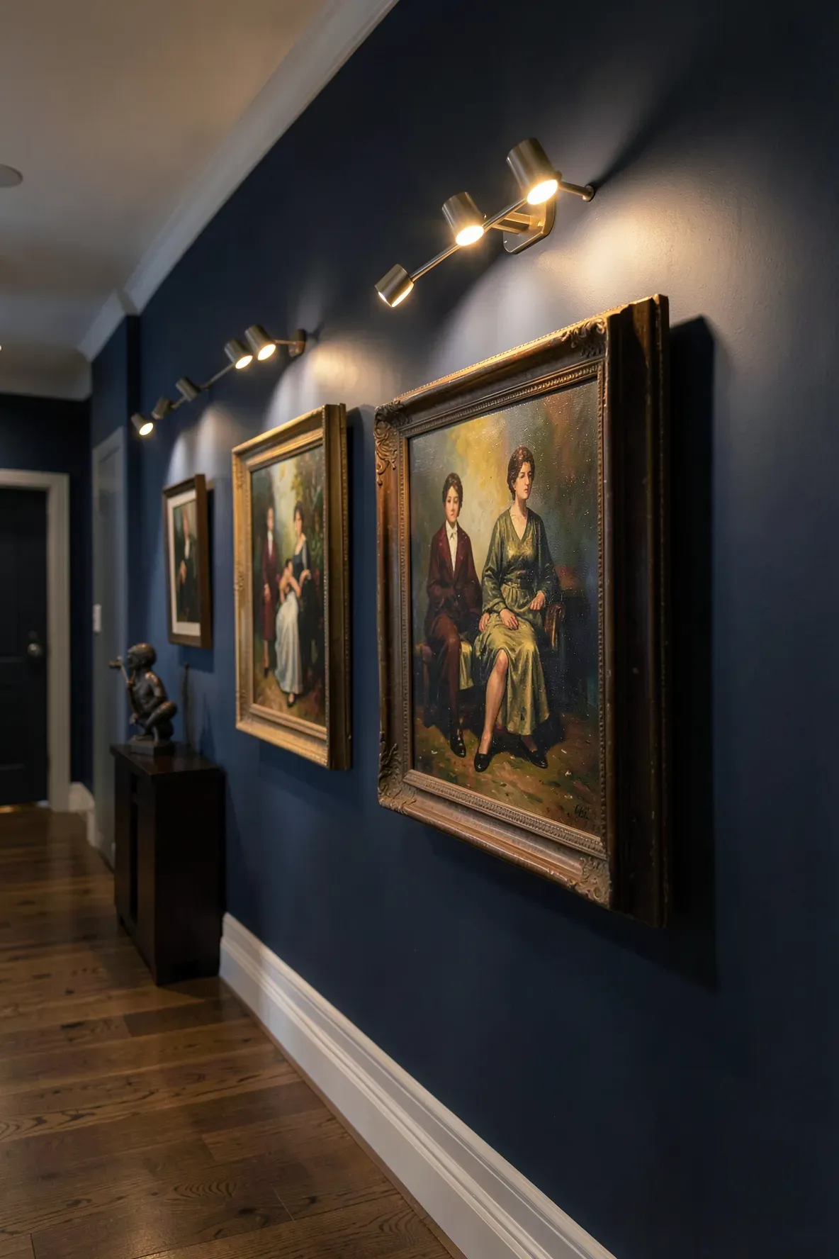 Brushed nickel picture lights illuminating oil paintings on a navy hallway wall.