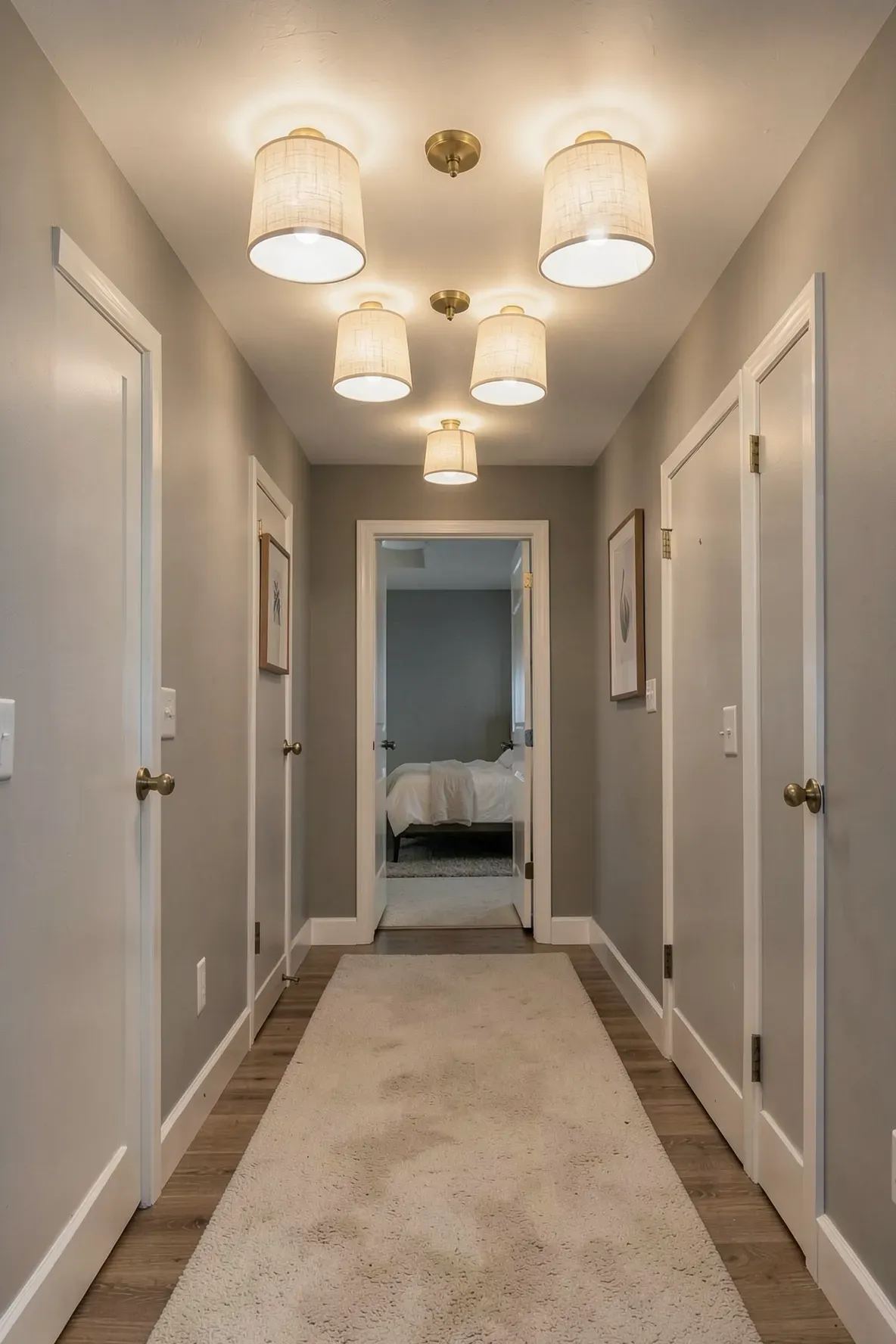 A hallway with semi-flush mount lights featuring linen shades and warm brass accents.
