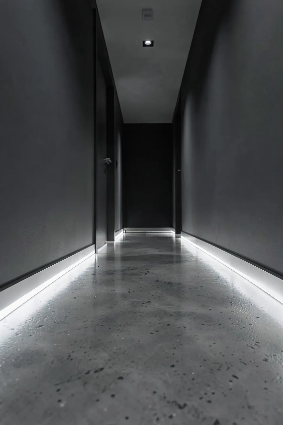 Modern hallway with recessed LED path lights installed near the floor reflecting on concrete.
