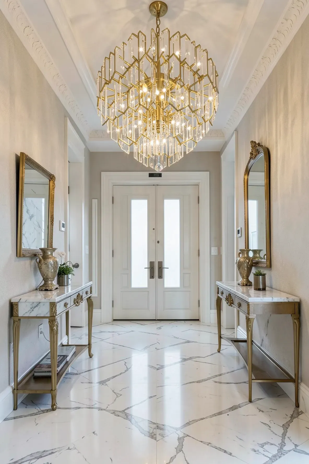A luxurious entrance hallway featuring a large modern crystal chandelier and marble floors.
