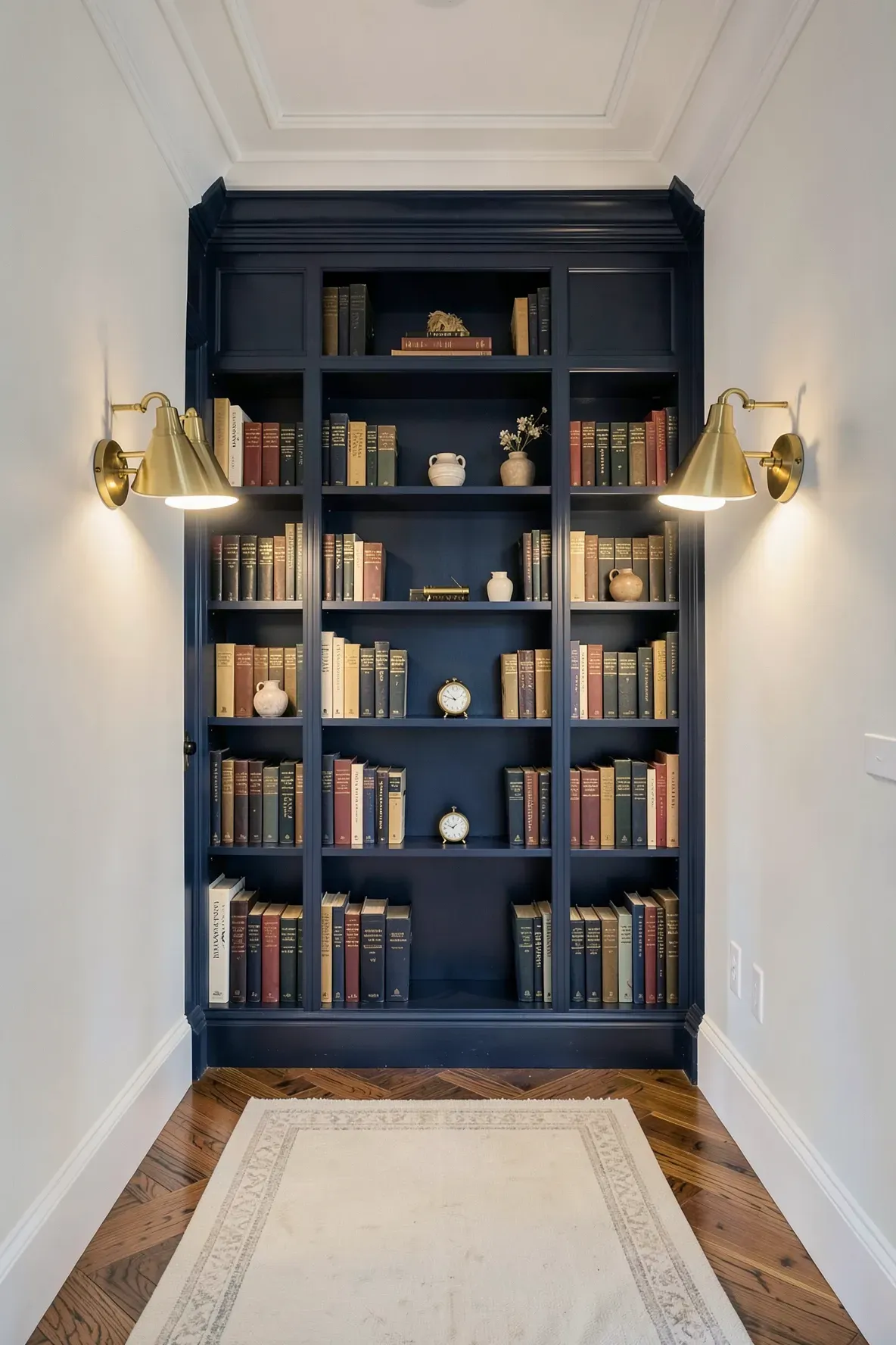 Two brass swing-arm sconces flanking a navy blue built-in bookshelf in a hallway.