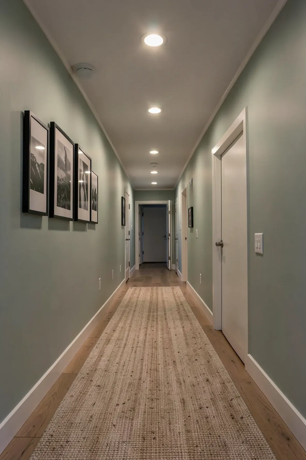 A long hallway with soft, dimmed warm lighting and a jute runner rug.