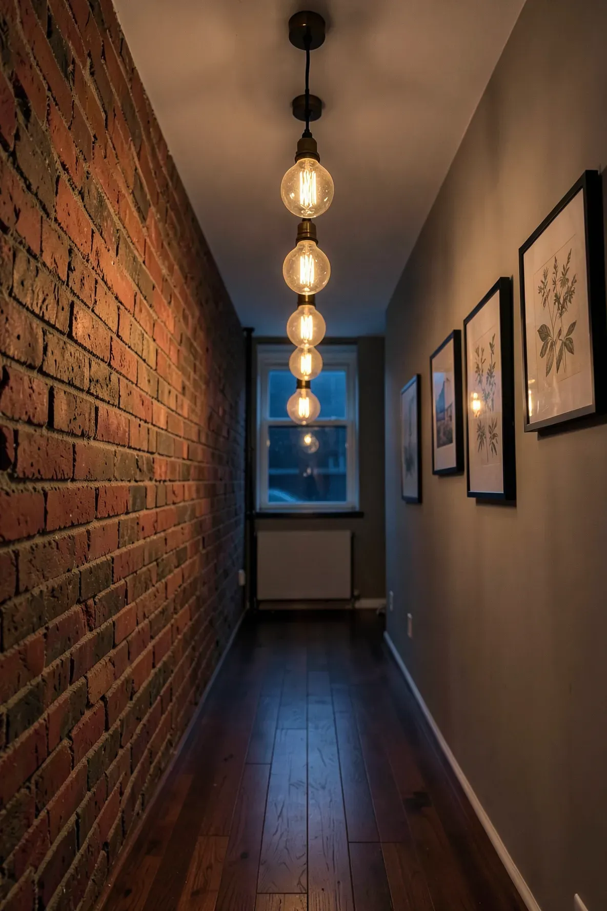 A narrow hallway with exposed filament Edison bulbs hanging from the ceiling against a brick wall.