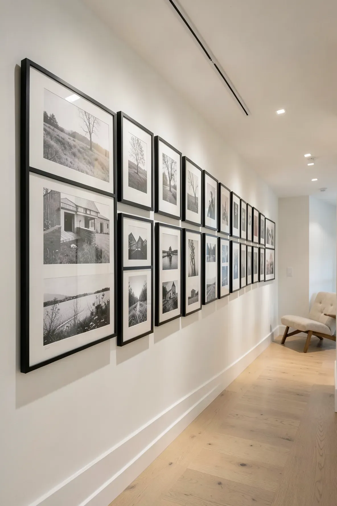 A long hallway with a perfectly aligned row of matching black picture frames on a white wall.