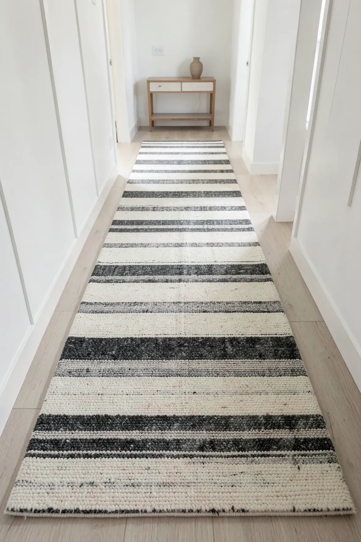 A long narrow hallway with a cream and grey horizontally striped rug that makes the floor look wider.