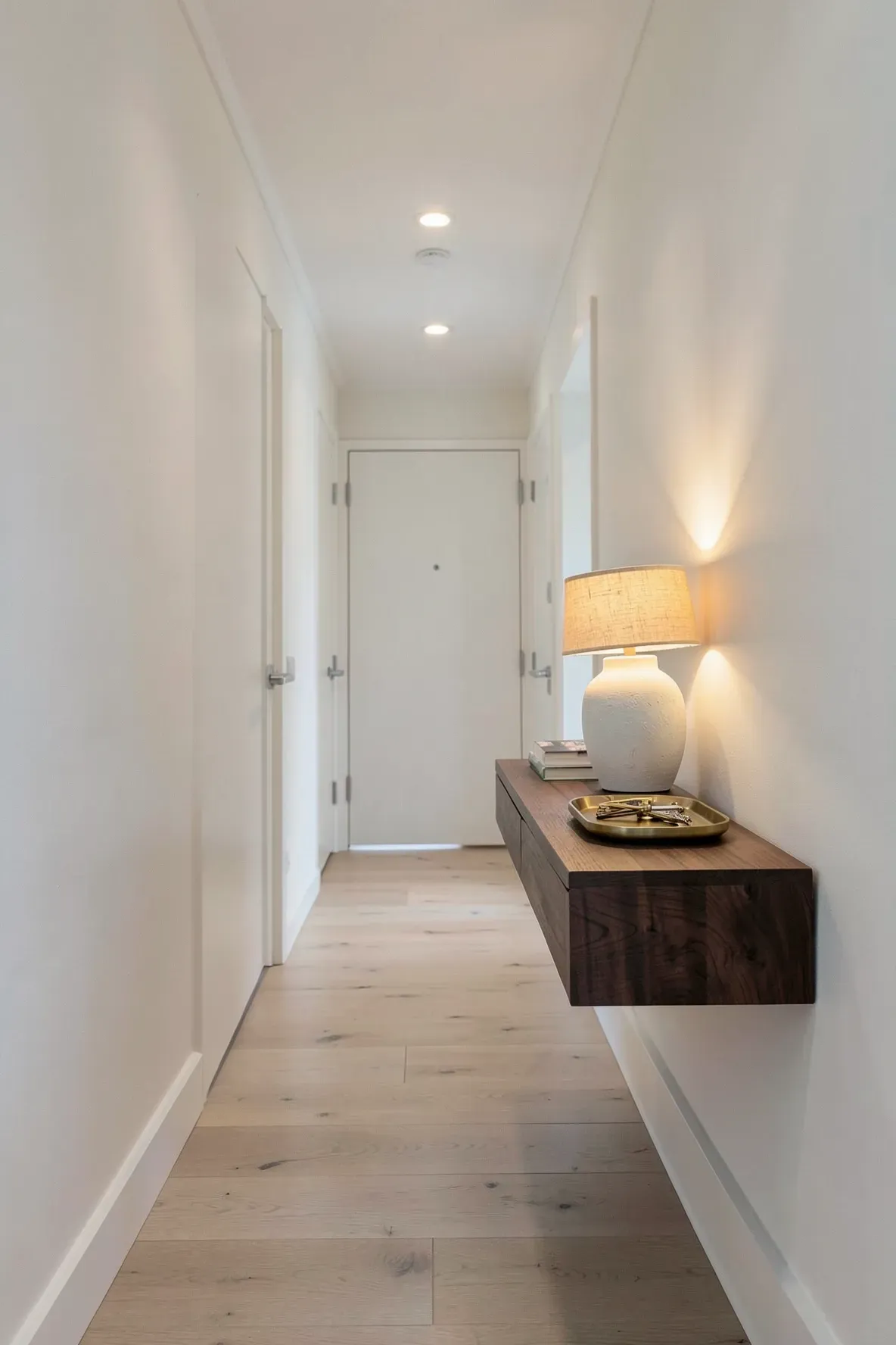 A slim walnut floating console table mounted on a white wall in a narrow hallway.