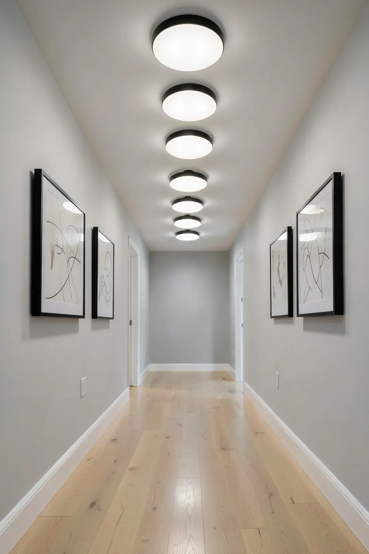 A row of identical round flush mount lights illuminating a long, bright hallway.