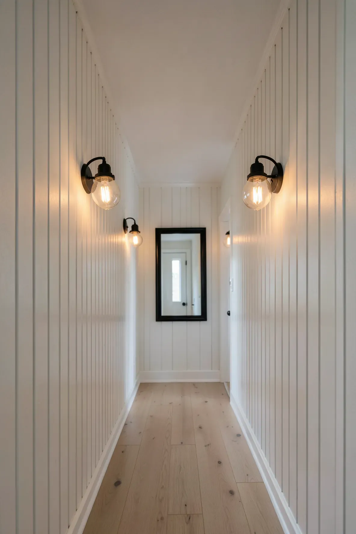 Vertical off-white shiplap paneling on the walls of a narrow, modern hallway.