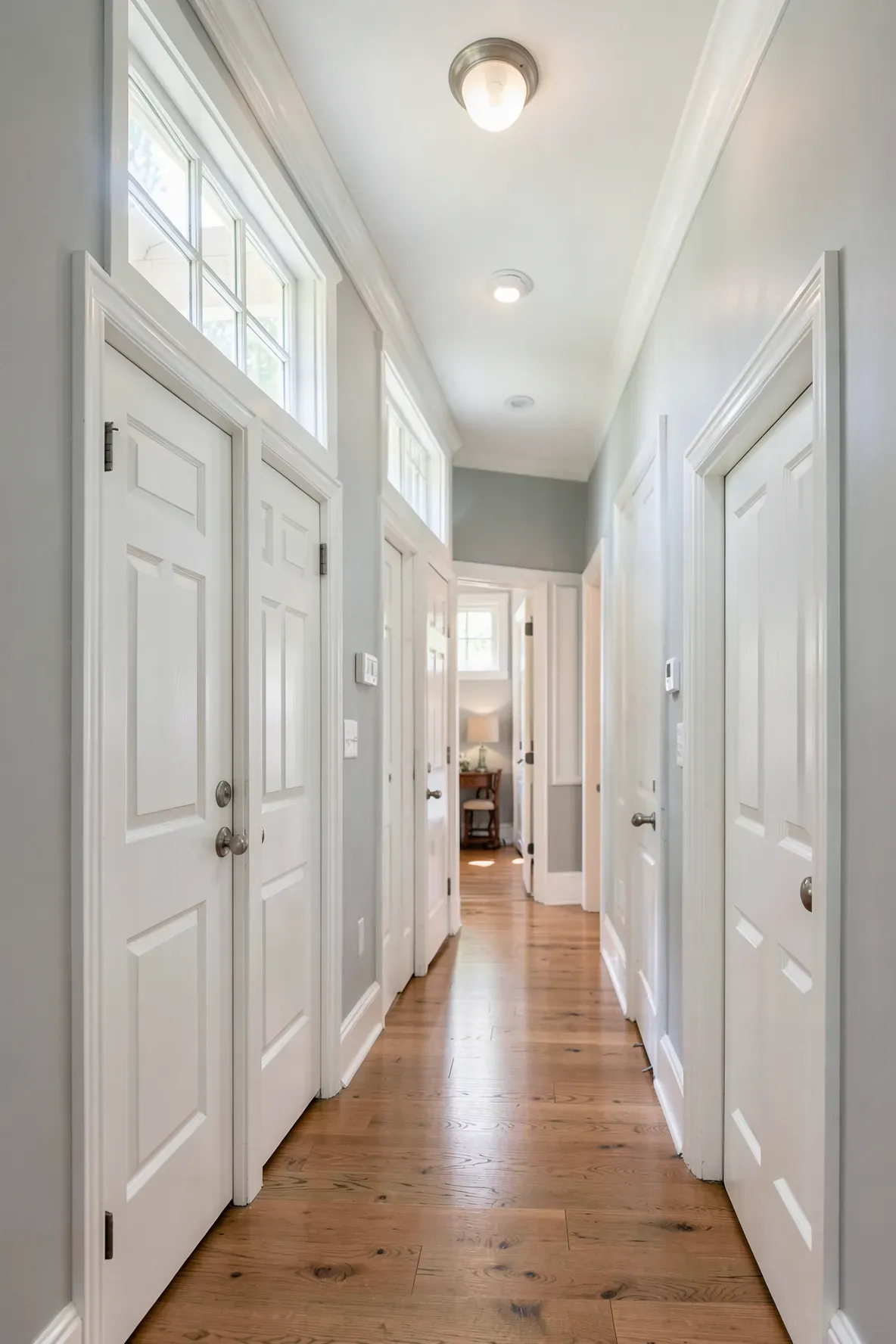 Decorative glass transom windows above white doors in a bright hallway.