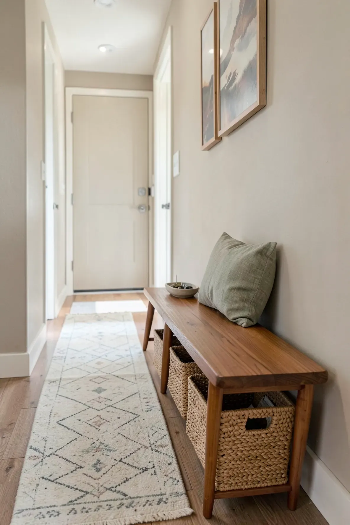 A slim wooden bench with woven baskets underneath in a narrow, well-lit hallway.