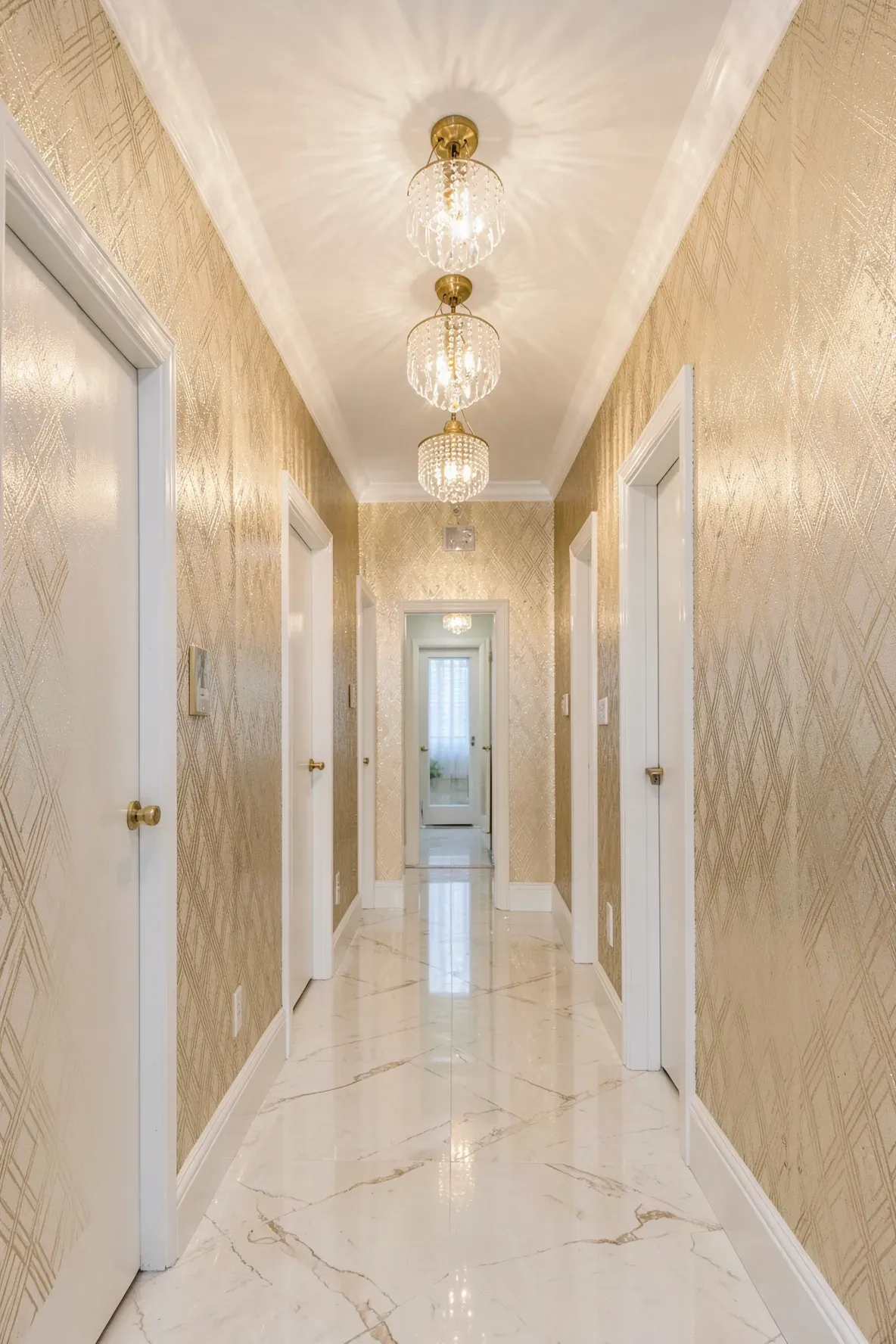 A narrow hallway featuring shimmering metallic wallpaper and glowing ceiling lights.