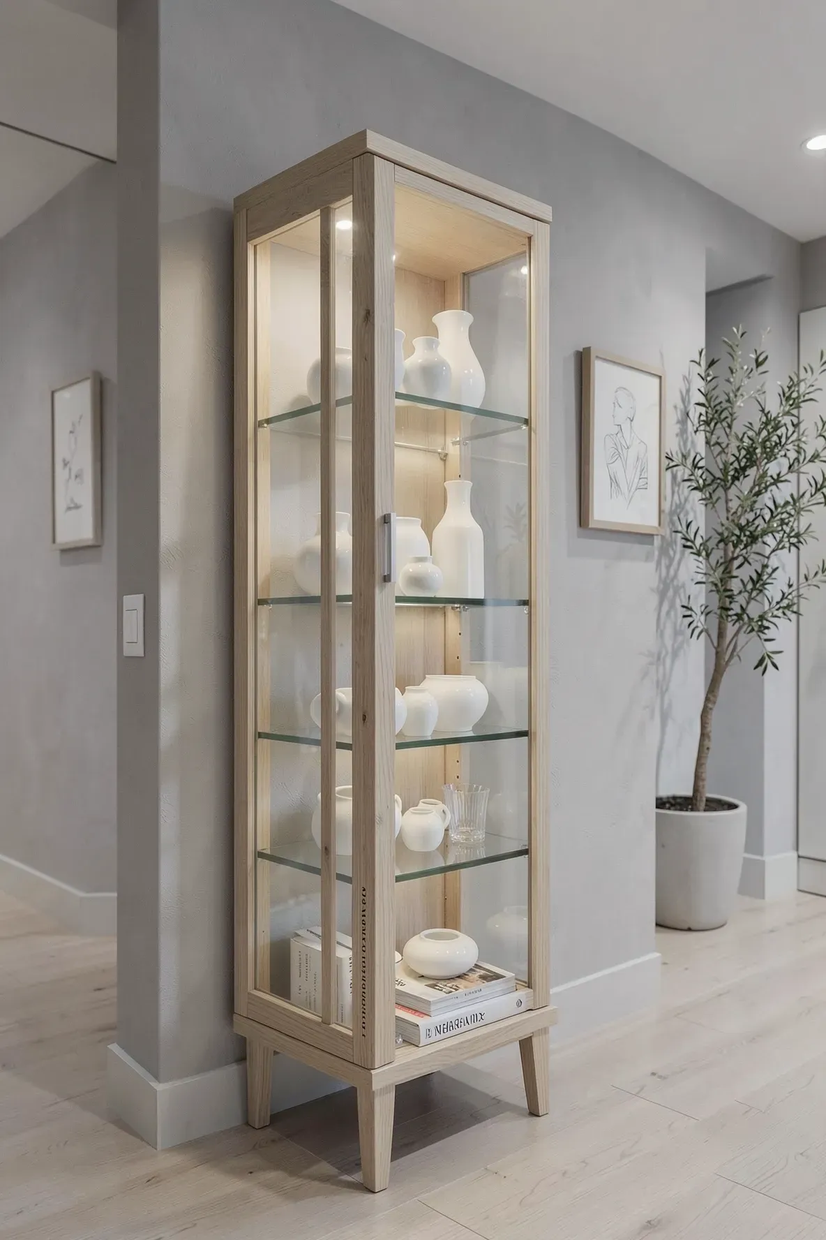 A slim glass-fronted cabinet displaying white ceramics in a bright, narrow hallway.