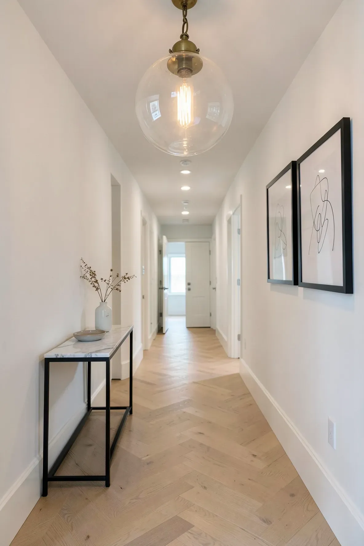 A long narrow hallway featuring a large glass and brass pendant light at the entry point.