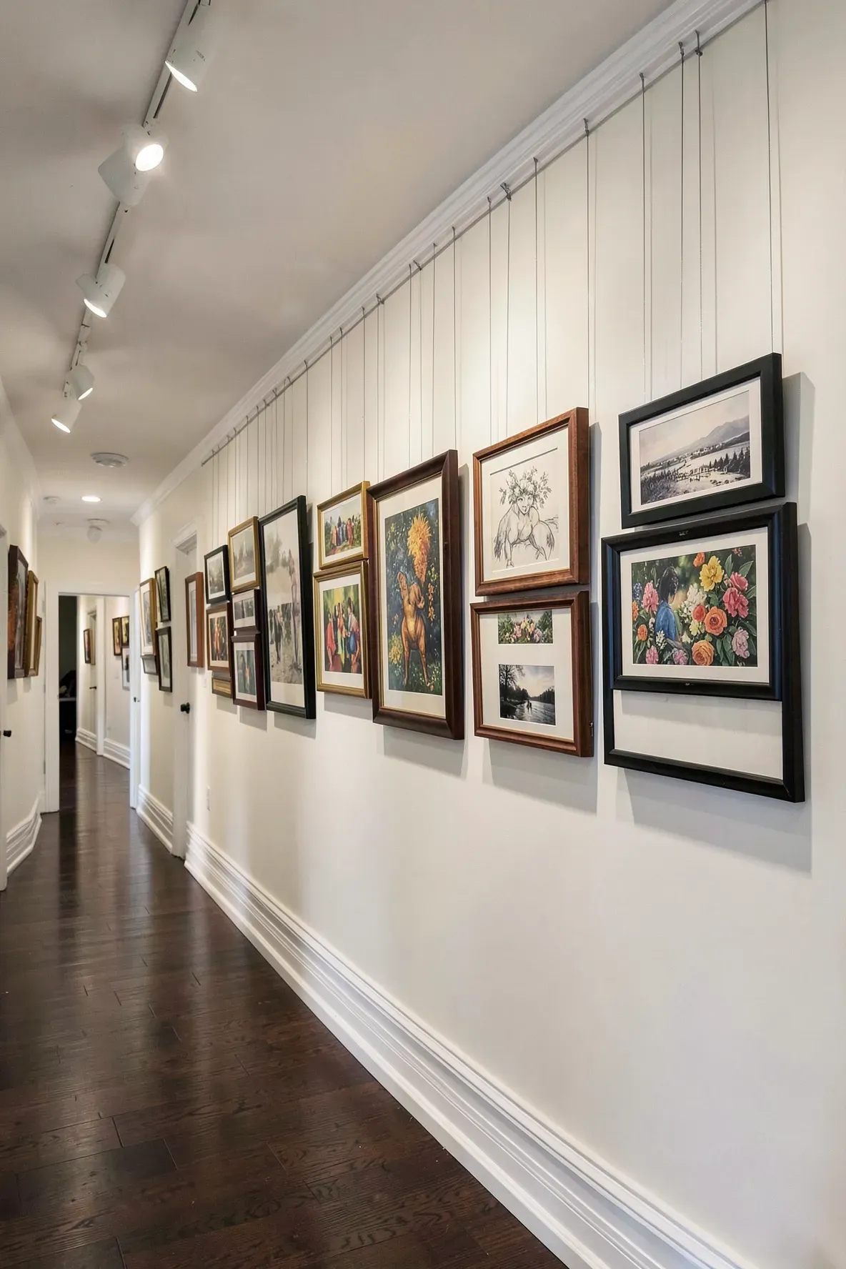 A hallway with a picture rail molding at the ceiling and art hanging from thin wires.