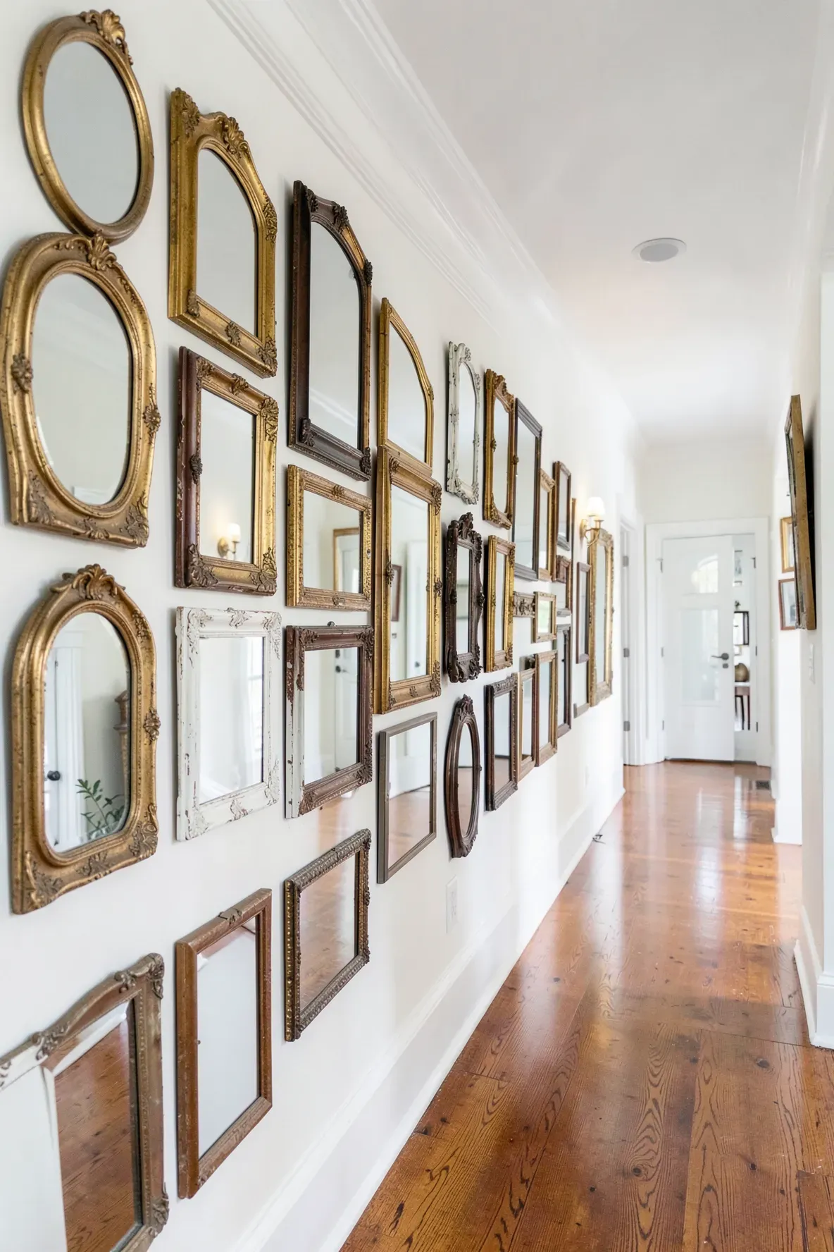A collection of mismatched antique mirrors hanging on a white wall in a long hallway.