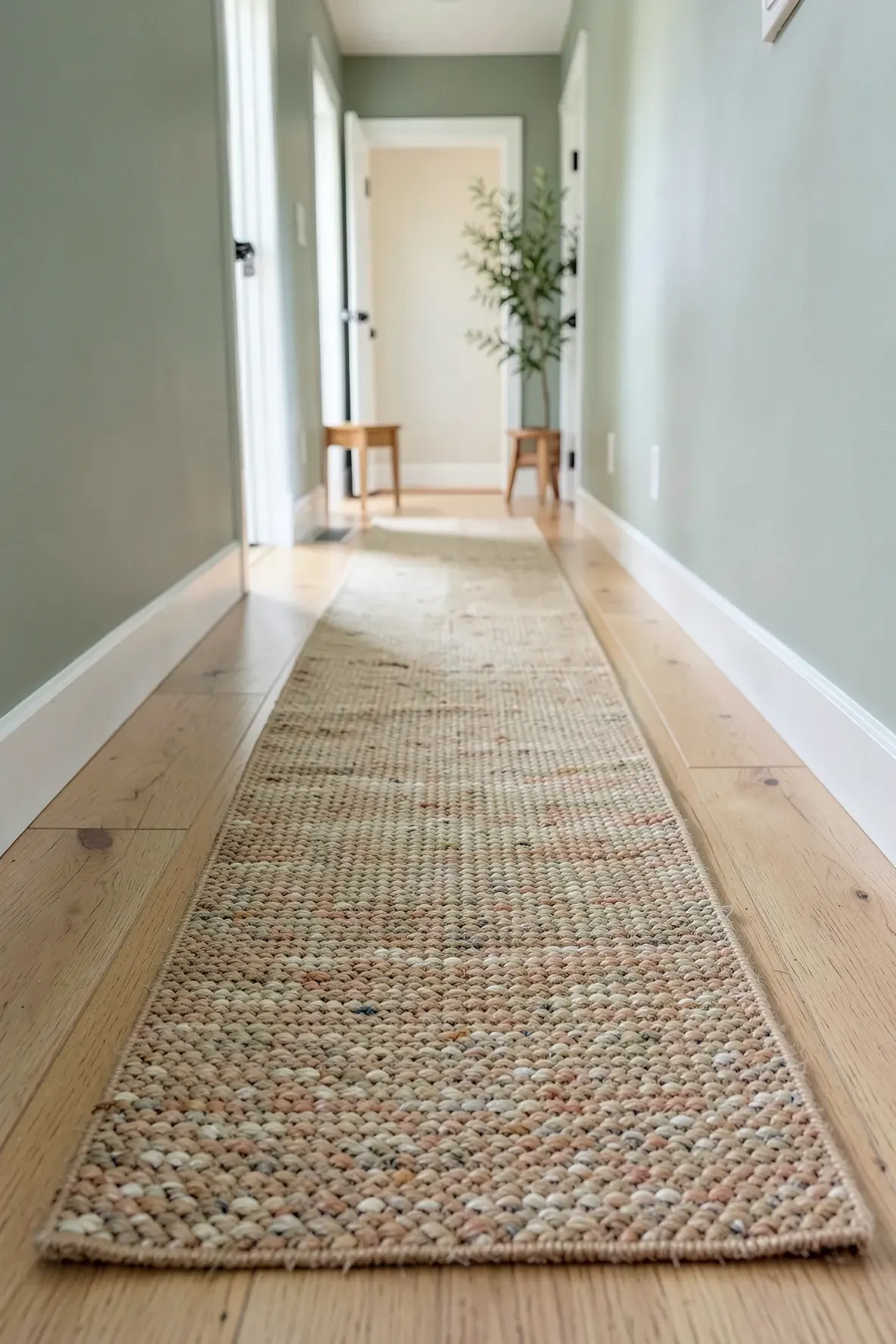 A textured tan jute runner rug on a light wood floor in a narrow hallway.