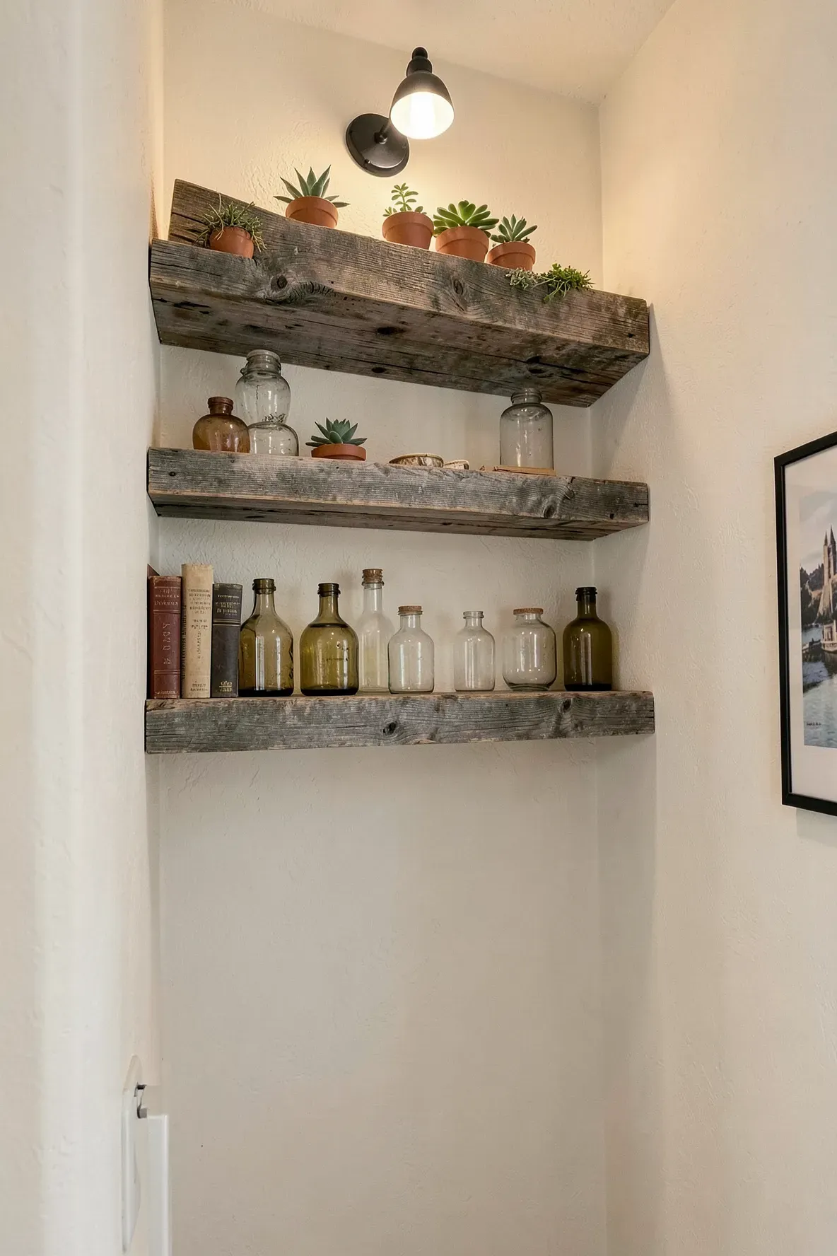 Rustic floating wood shelves with vintage bottles and plants in a hallway.