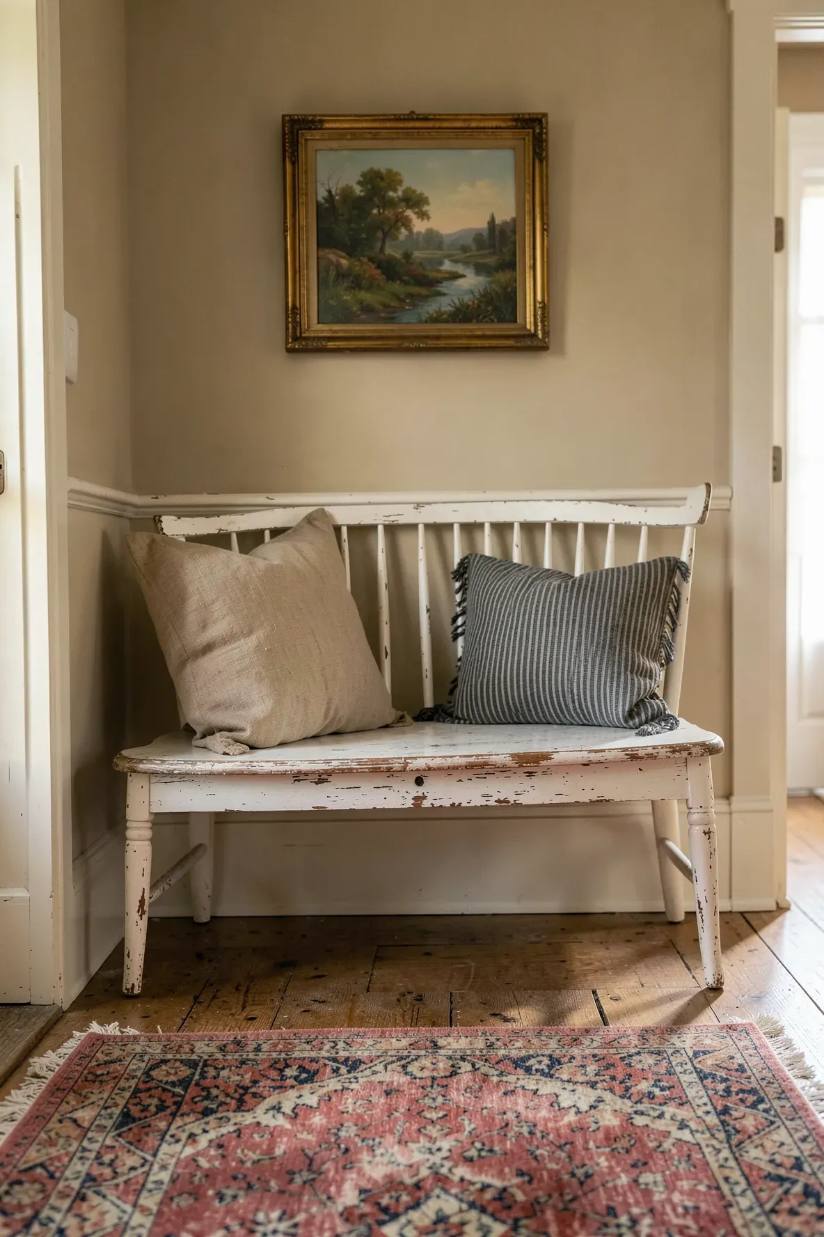 A distressed white wooden bench with linen pillows in a warm farmhouse hallway.
