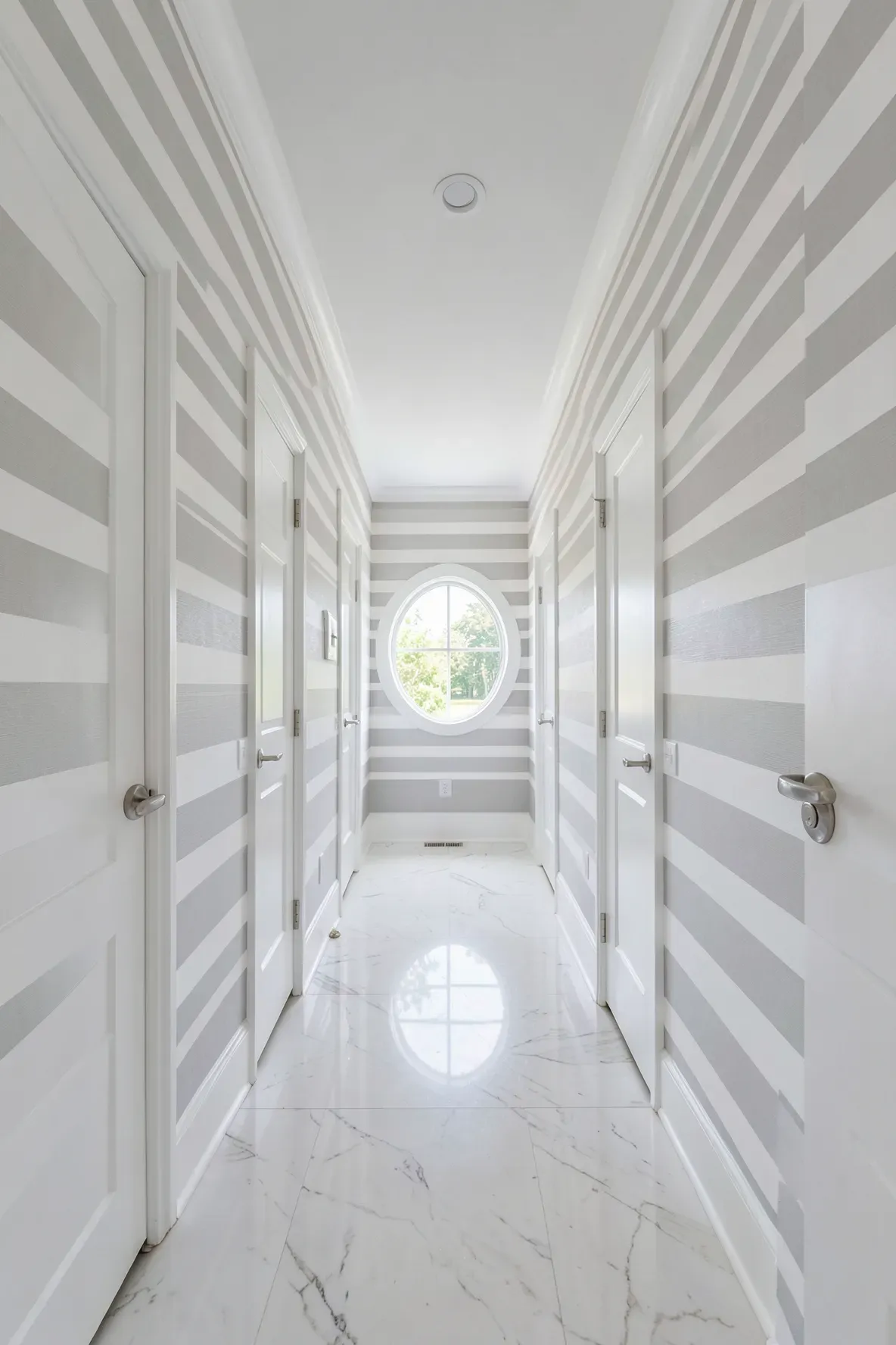 A narrow hallway with horizontal gray and white striped wallpaper that makes the space look wider.